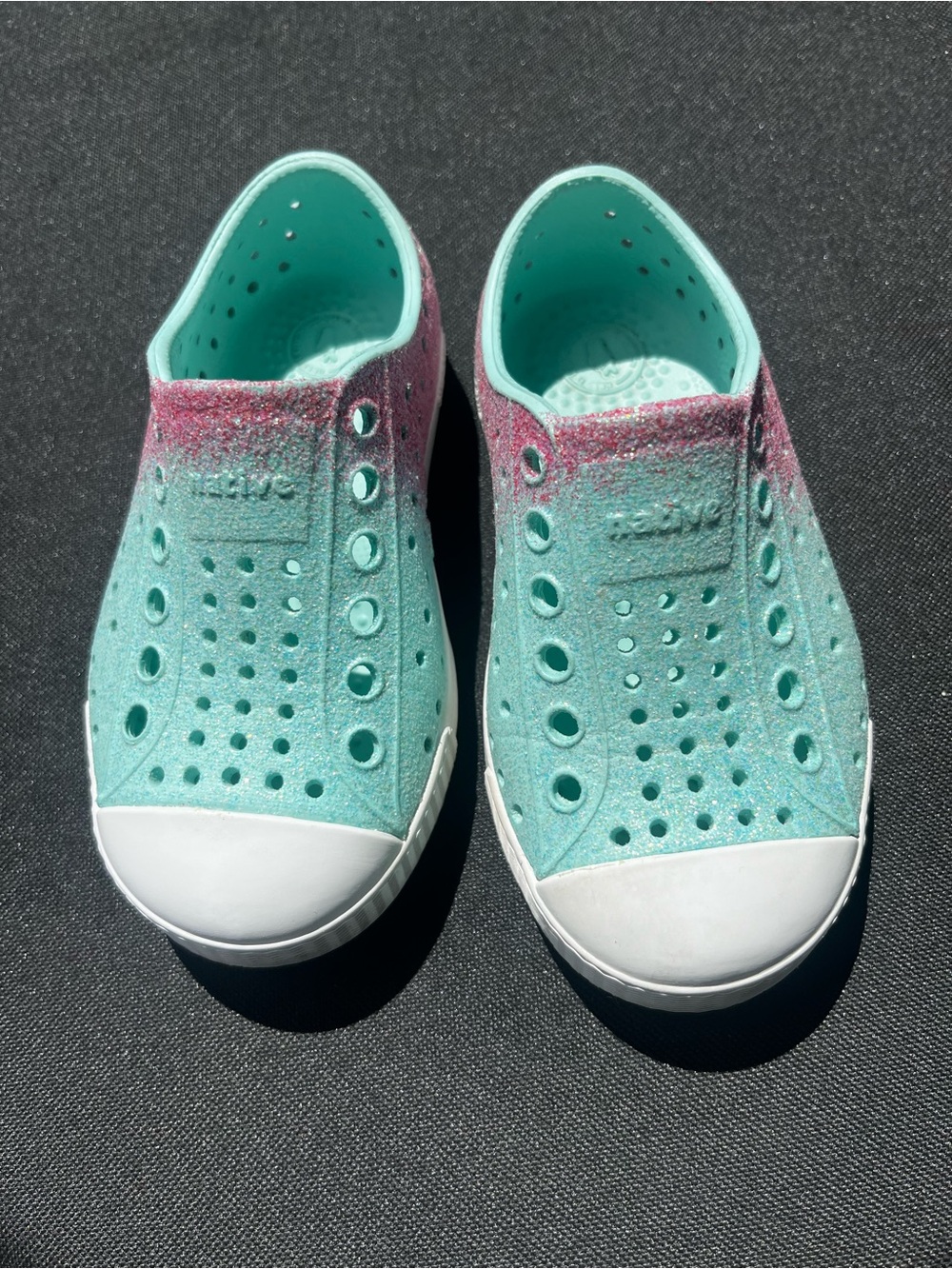 Native Shoes Kids Glitter Aqua and Pink Slip-On Water Shoes